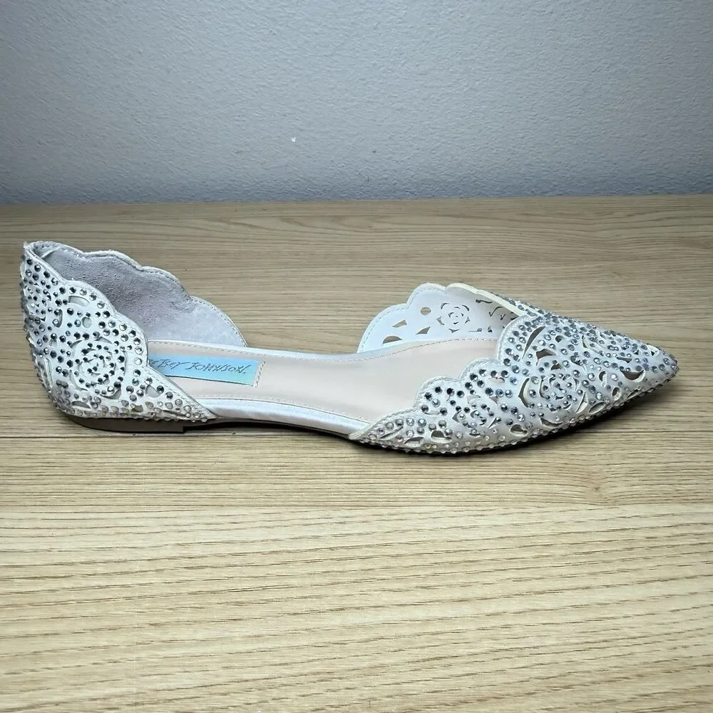 Betsey Johnson Lucy Flats Size 7 White Rhinestone Wedding Bride Something Blue